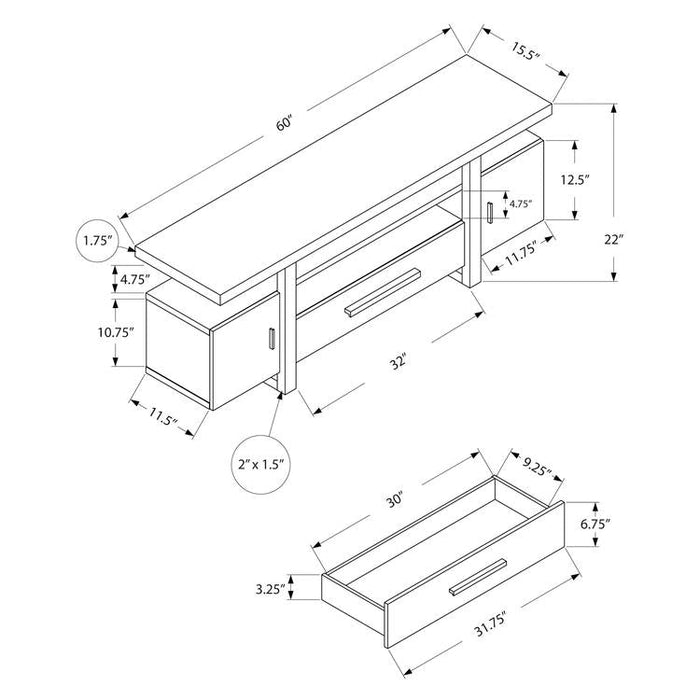 Monarch Specialties I 2725 | TV stand - 60" - Simulated cement top - White-Sonxplus St-Georges