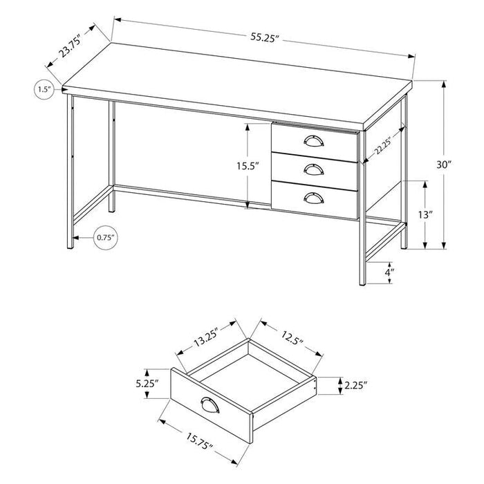 Monarch Specialties I 7485 | Computer cabinet - 55" - Spacious top - 3 drawers - Black metal base - Brown imitation wood finish-Sonxplus St-Georges